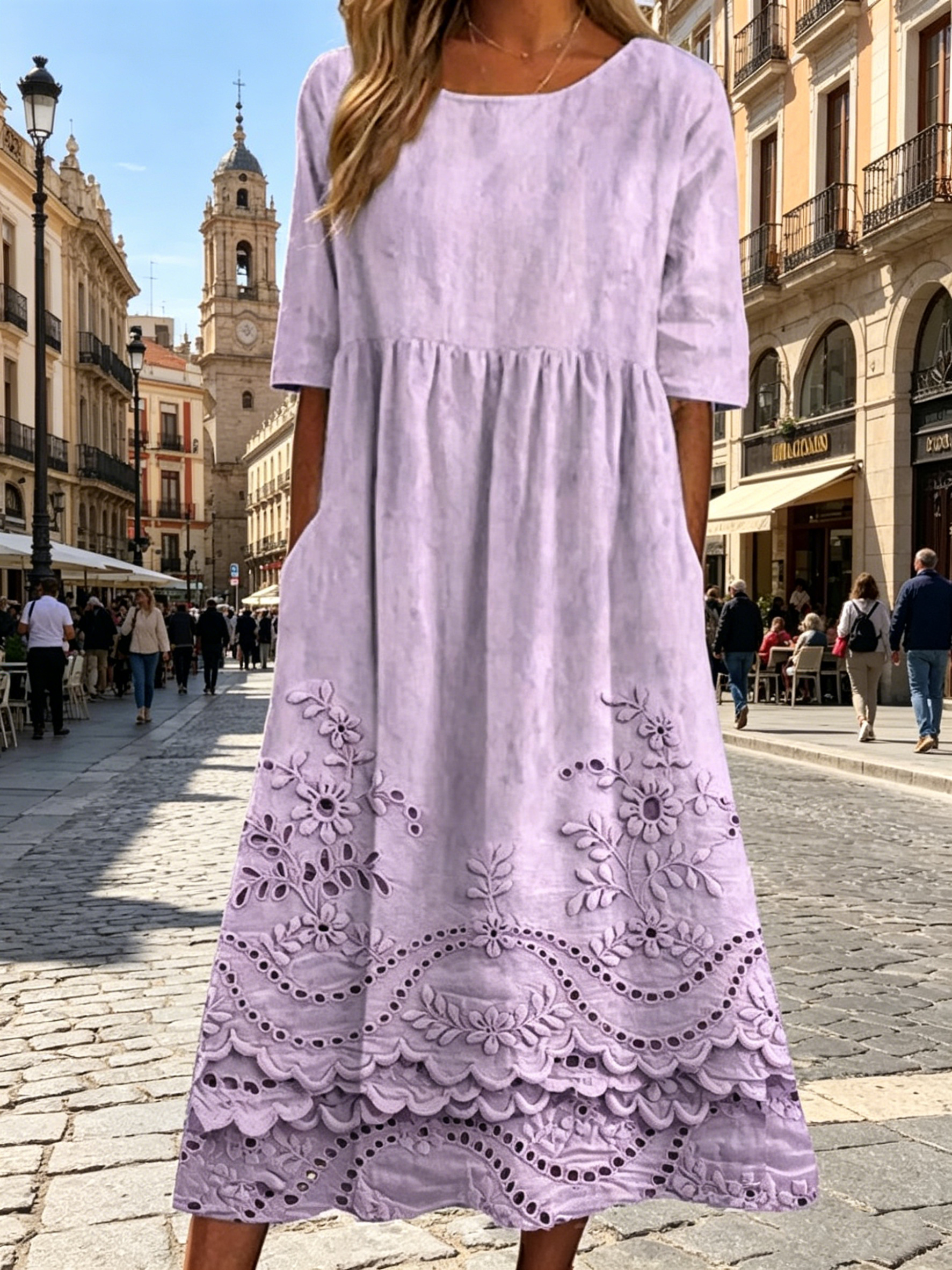 Langes Kleid mit Blumenmuster im Urlaubsstil, lässig, vielseitig, Rundhalsausschnitt, lang