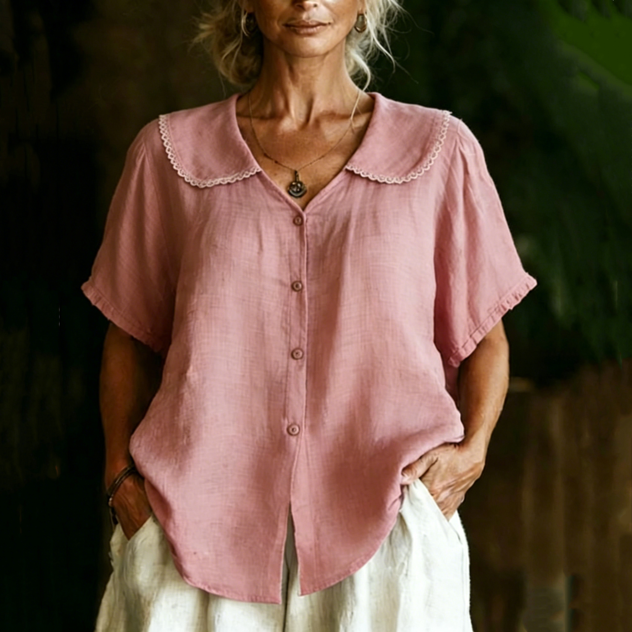 Chemise à manches courtes en coton et lin à col Peter Pan pour femme