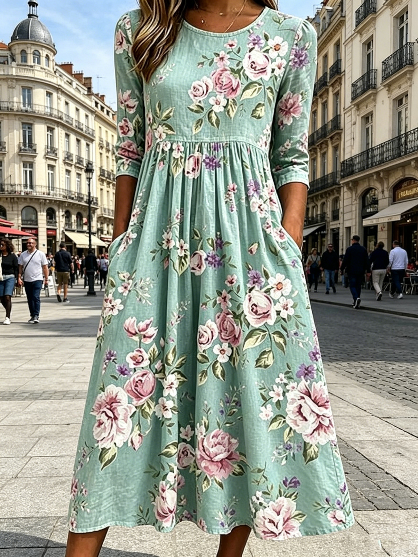 Langes Kleid mit Blumenmuster im Urlaubsstil, lässig, vielseitig, Rundhalsausschnitt, lang