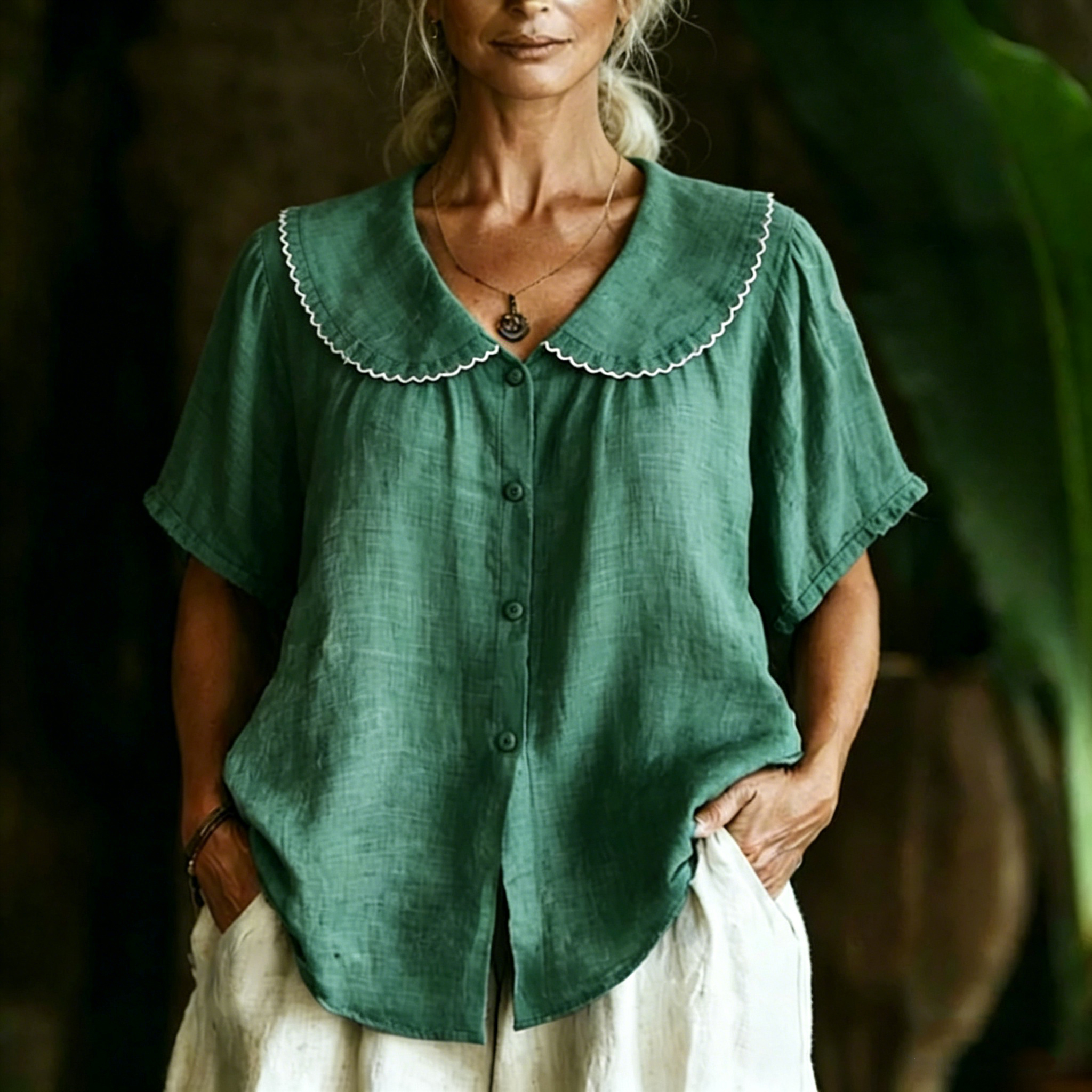 Chemise à manches courtes en coton et lin à col Peter Pan pour femme