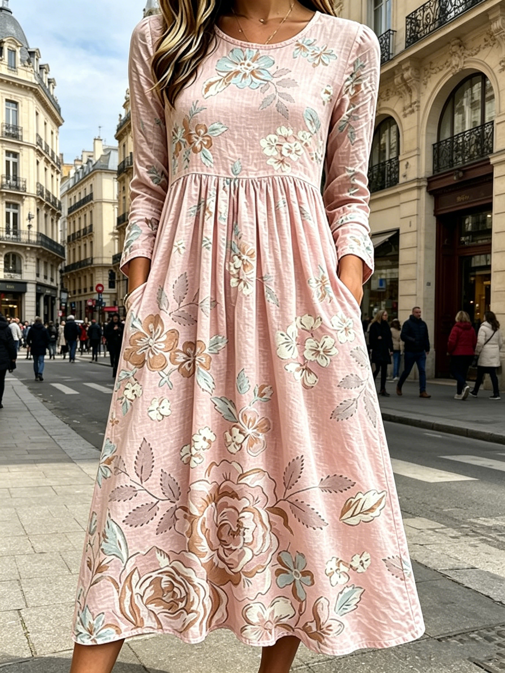 Langes Kleid mit Blumenmuster im Urlaubsstil, lässig, vielseitig, Rundhalsausschnitt, lang