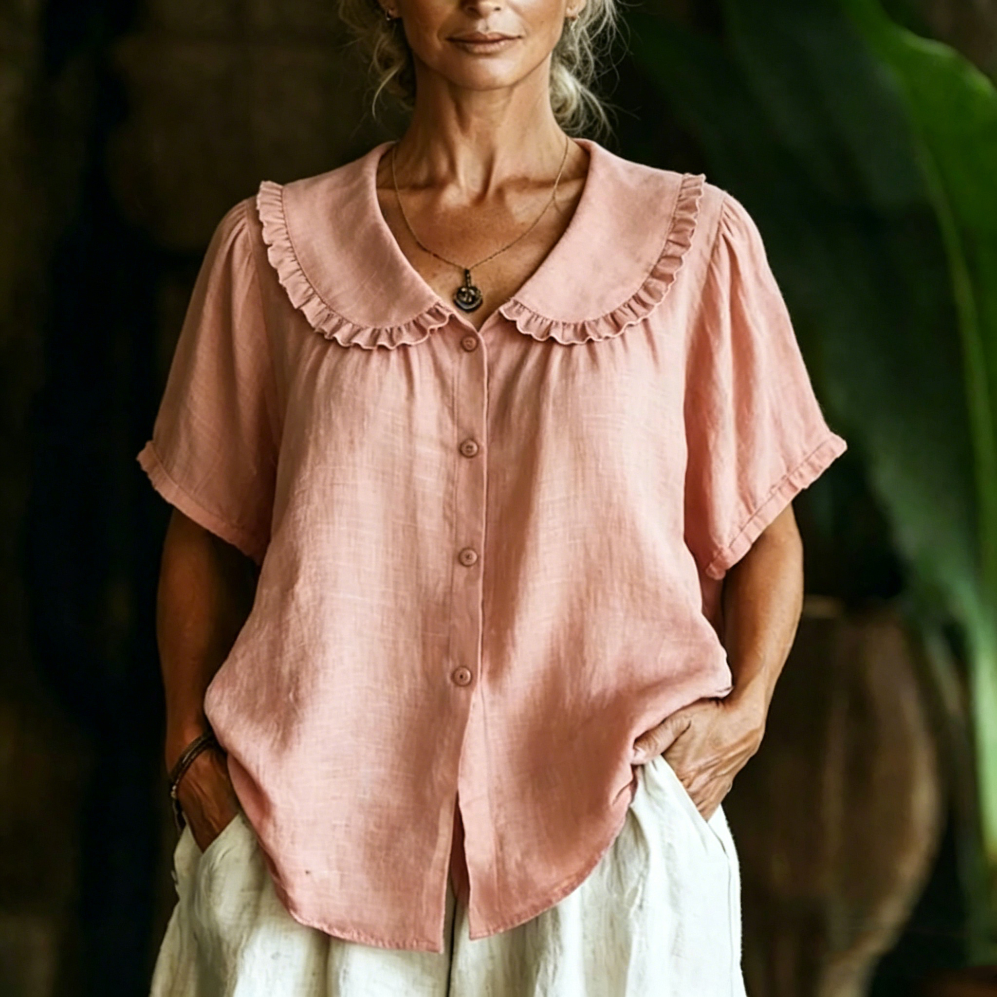 Chemise à manches courtes en coton et lin à col Peter Pan pour femme