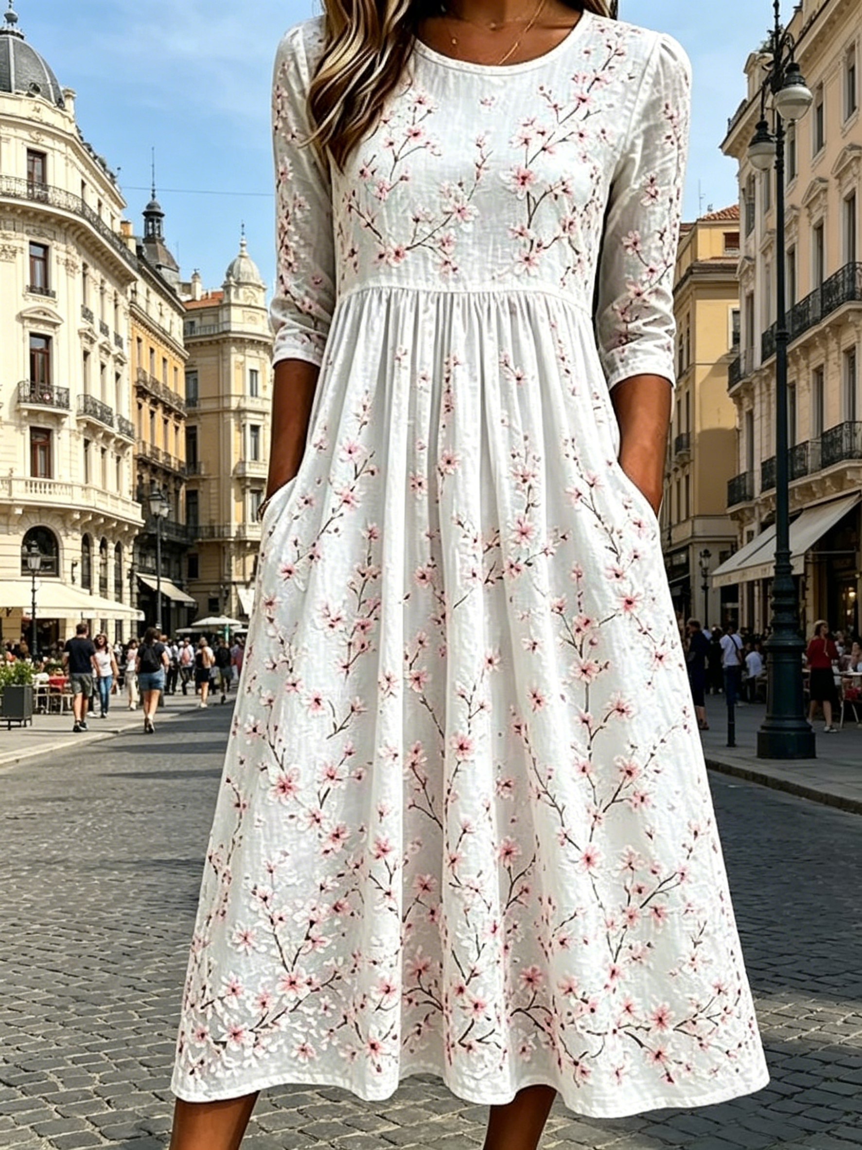 Langes Kleid mit Blumenmuster im Urlaubsstil, lässig, vielseitig, Rundhalsausschnitt, lang