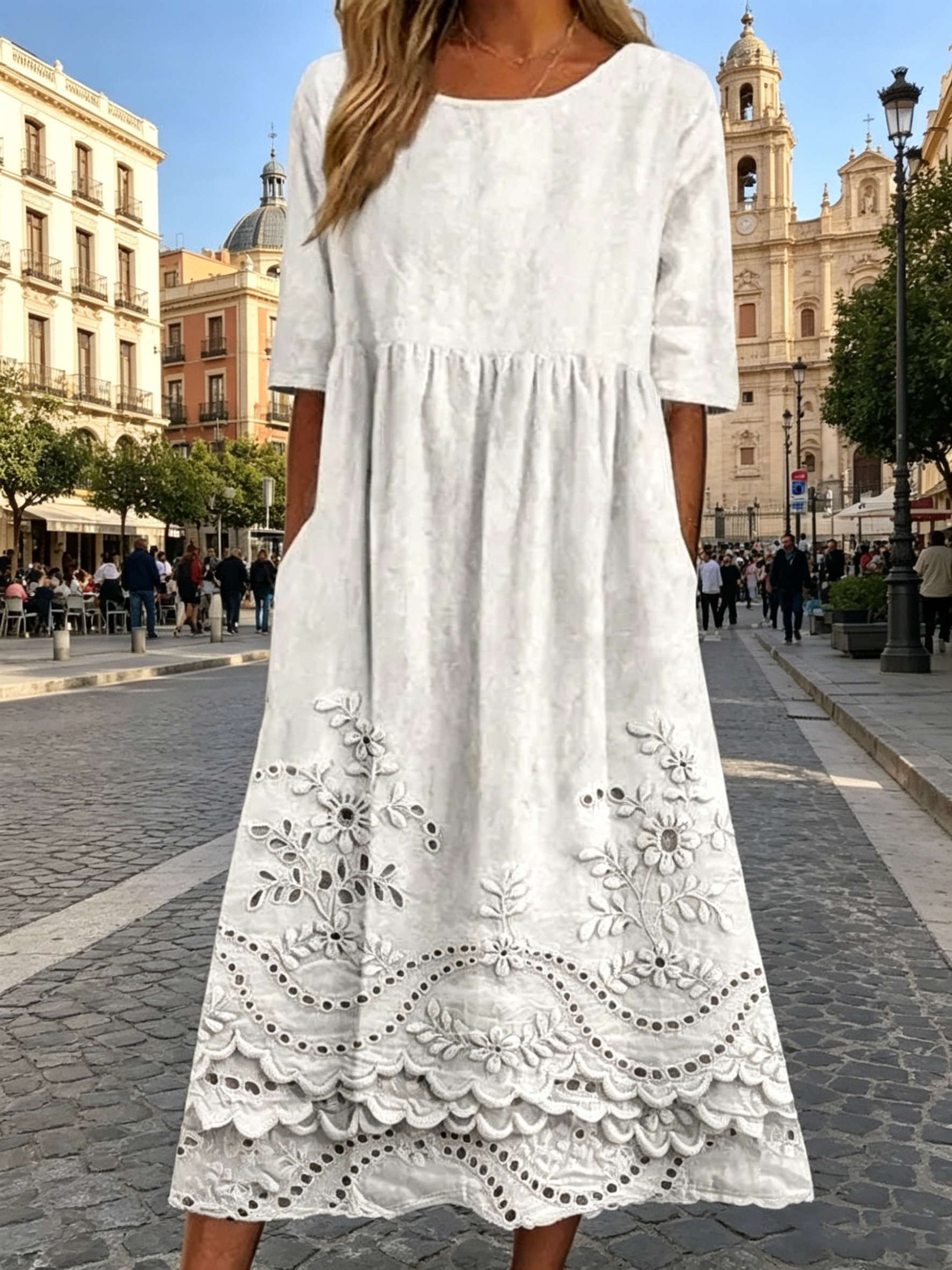 Langes Kleid mit Blumenmuster im Urlaubsstil, lässig, vielseitig, Rundhalsausschnitt, lang