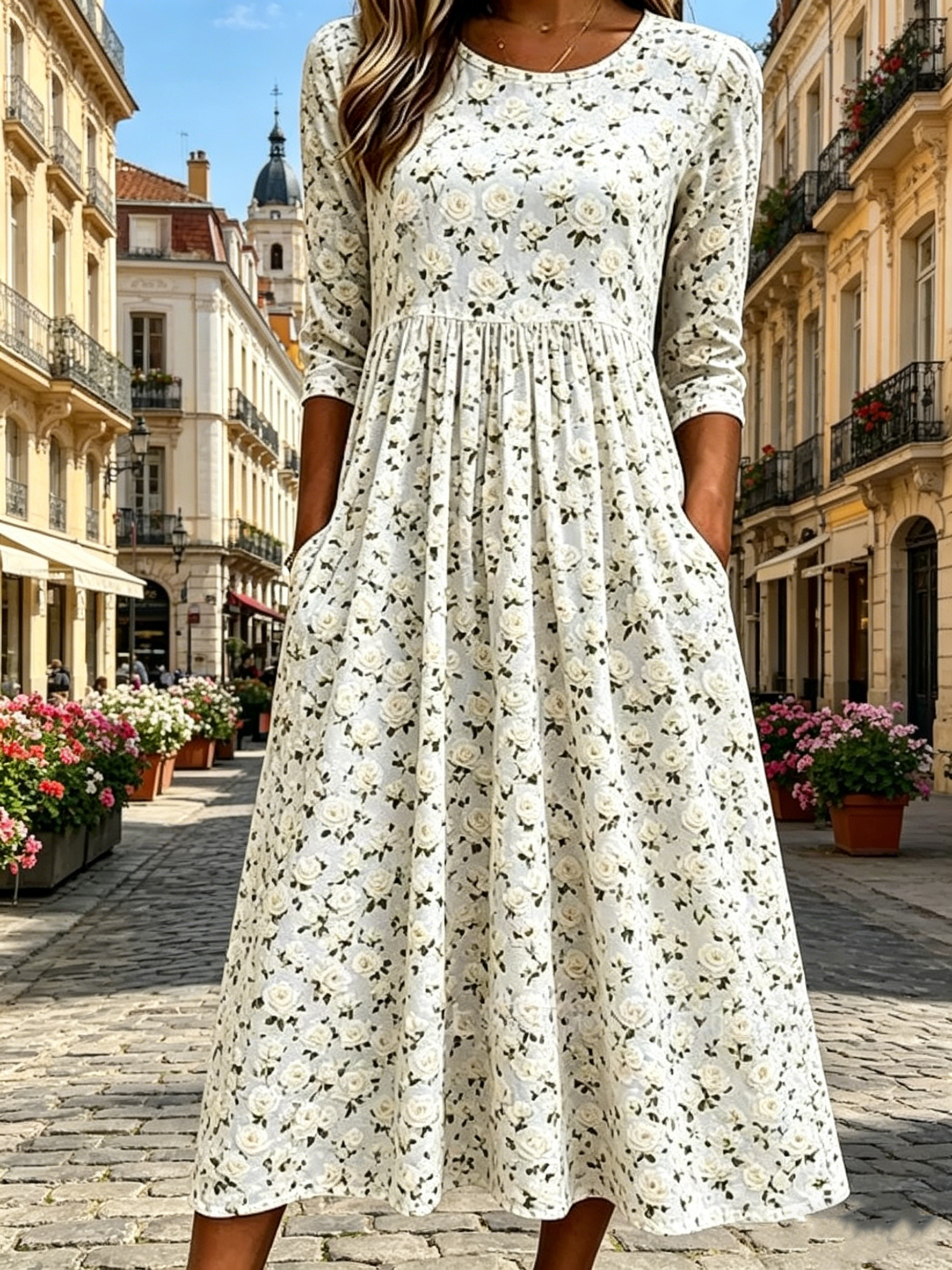 Langes Kleid mit Blumenmuster im Urlaubsstil, lässig, vielseitig, Rundhalsausschnitt, lang