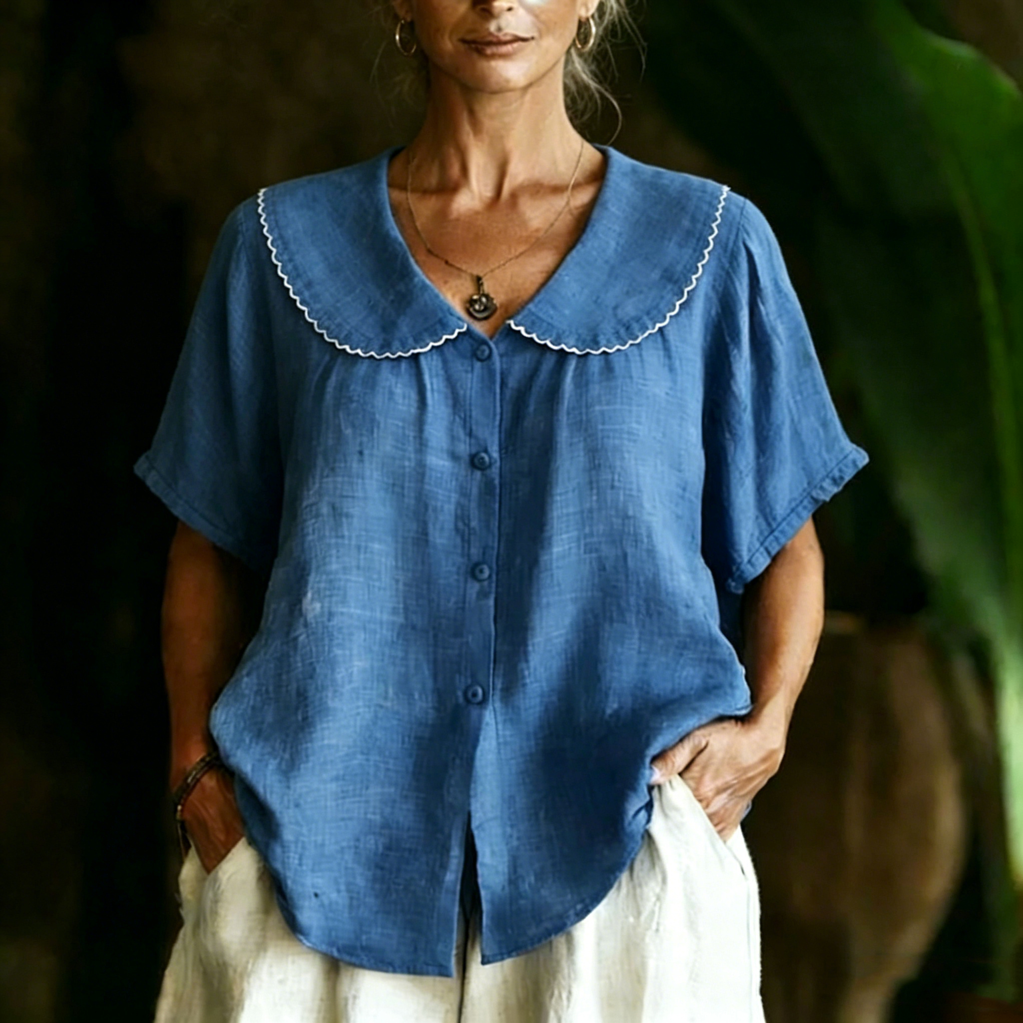 Chemise à manches courtes en coton et lin à col Peter Pan pour femme