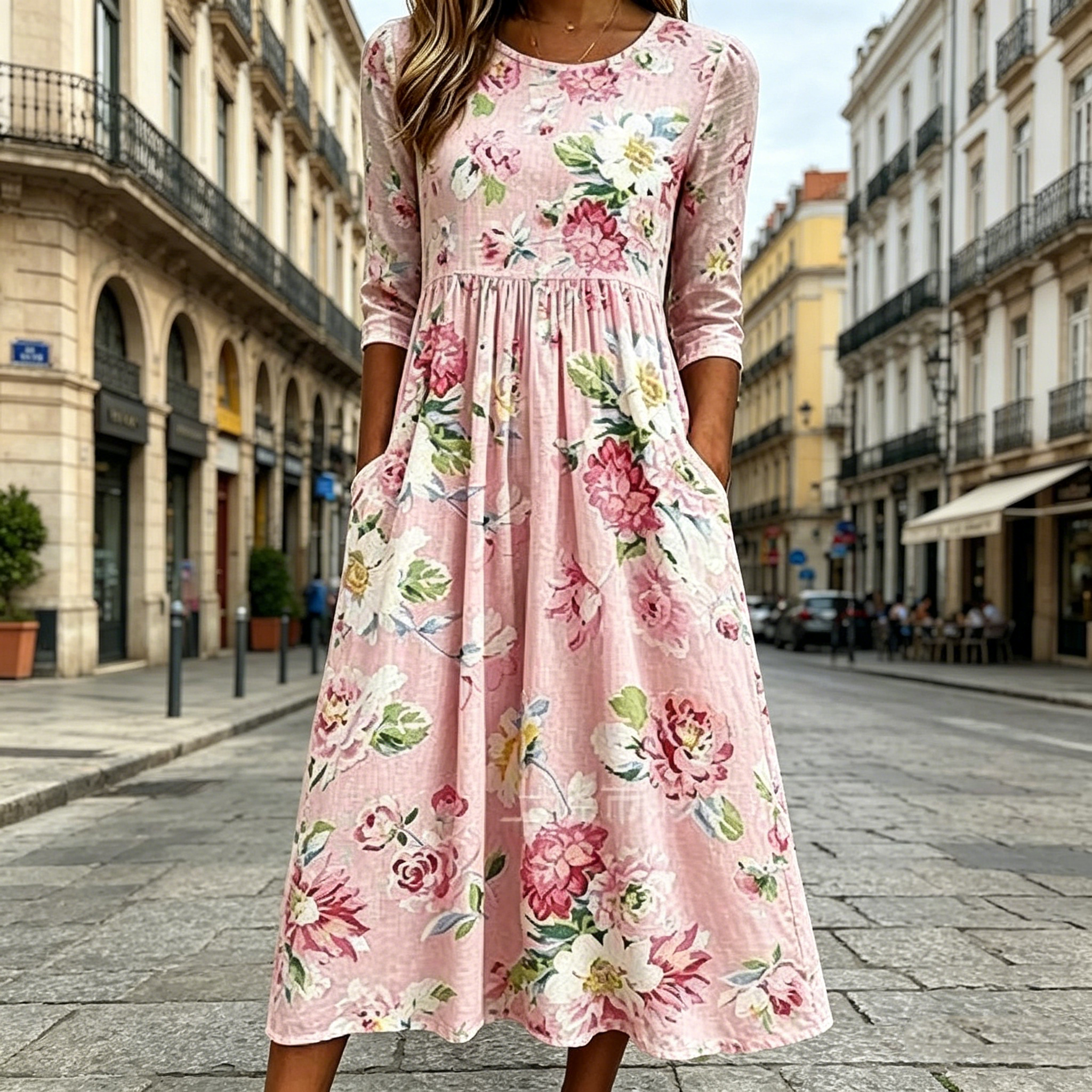 Langes Kleid mit Blumenmuster im Urlaubsstil, lässig, vielseitig, Rundhalsausschnitt, lang