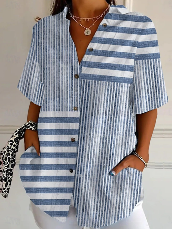 Damen Shirt Kurzarm Knopfbluse Grafisch Geometrisch Gestreift Vintage Stilvolles Modernes Shirt Kragen Reguläre Oberteile Täglich Hellgrün Rot Blau Lila Orange Sommer Frühling