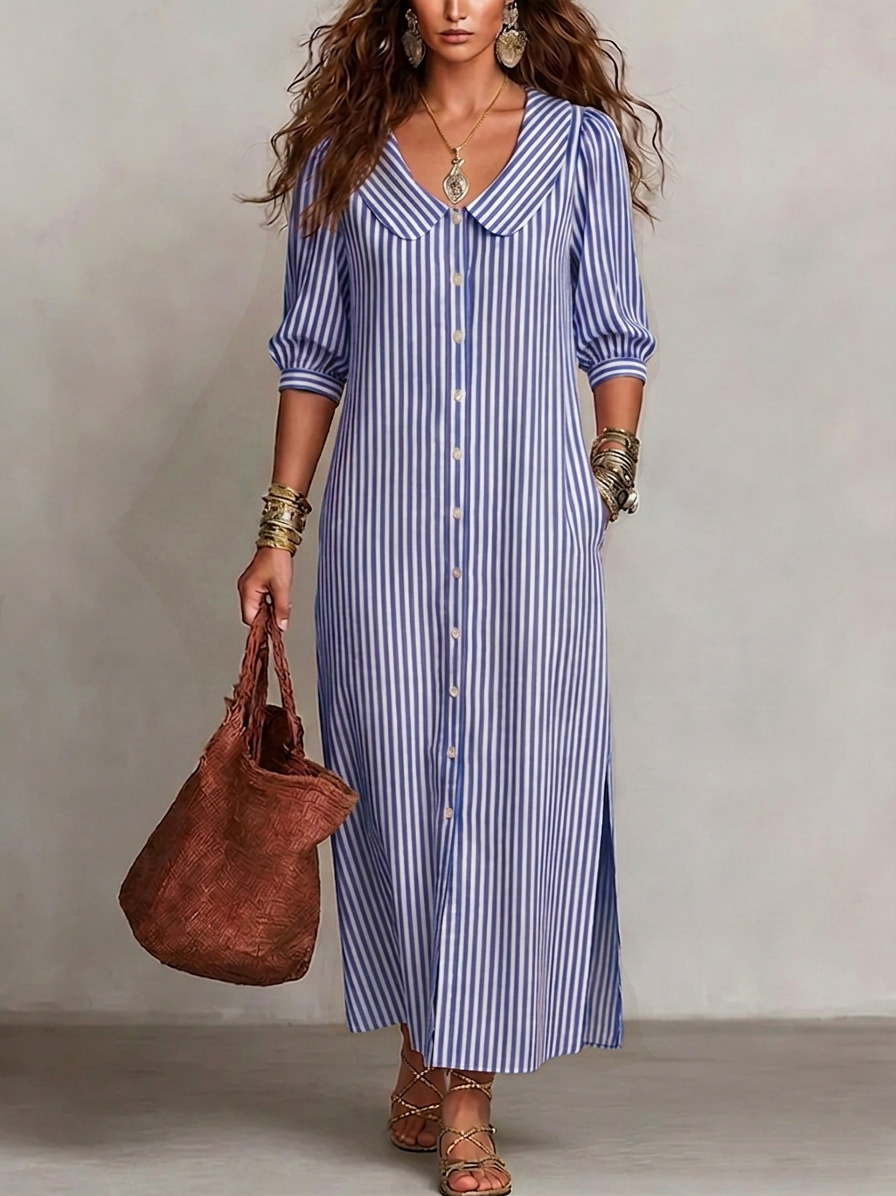 New Arrivals🔥 Women's Retro Peter Pan Collar Striped Cotton Linen Dress