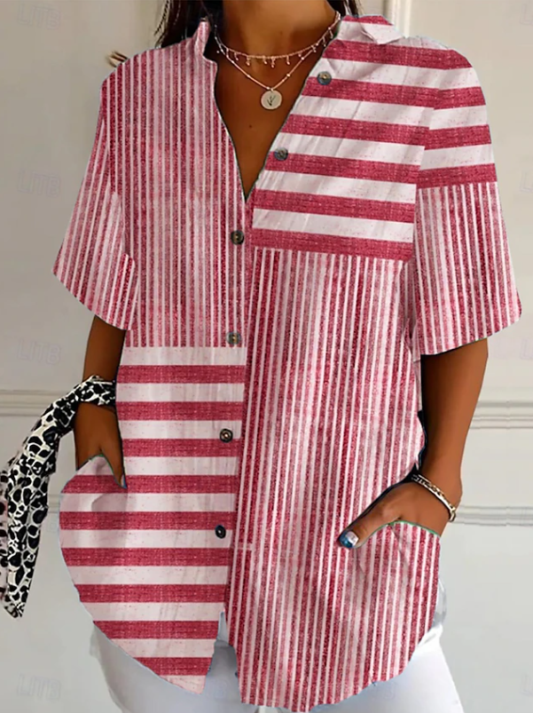 Damen Shirt Kurzarm Knopfbluse Grafisch Geometrisch Gestreift Vintage Stilvolles Modernes Shirt Kragen Reguläre Oberteile Täglich Hellgrün Rot Blau Lila Orange Sommer Frühling