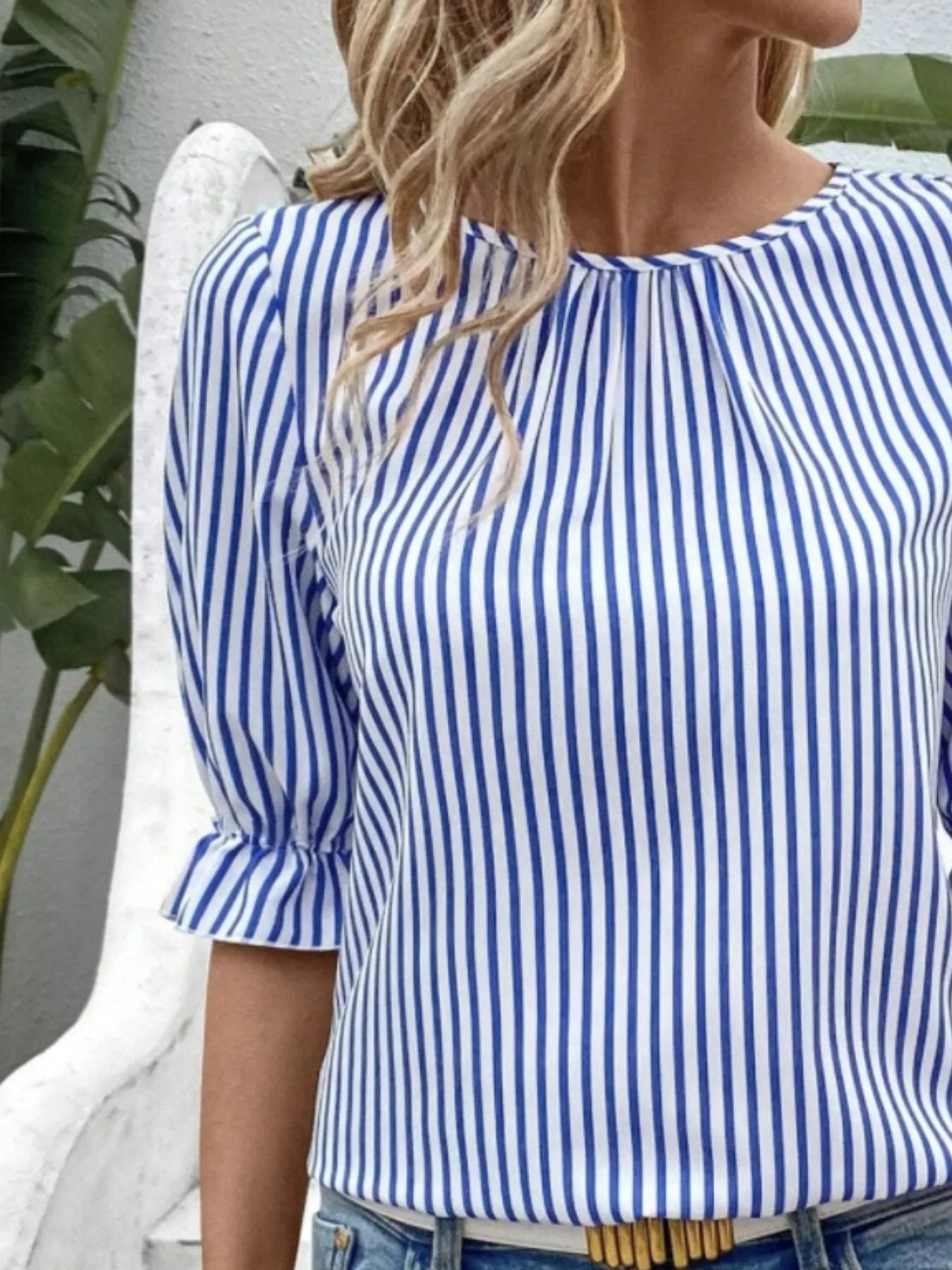 Striped Round Neck Half Sleeve Casual Blouse