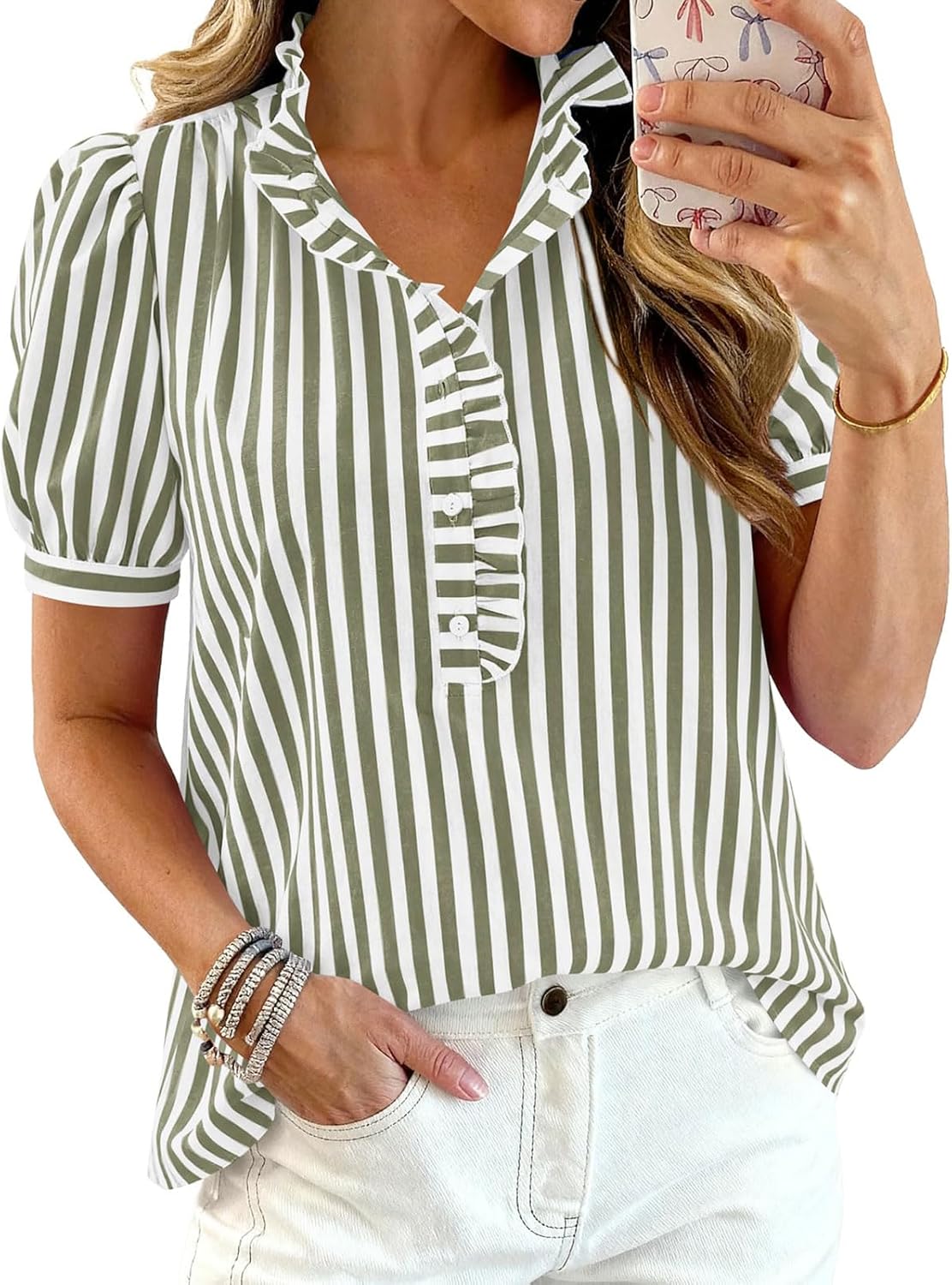 Women's Striped Ruffle Neck Blouse - Short Puff Sleeve Casual Button Front Shirt