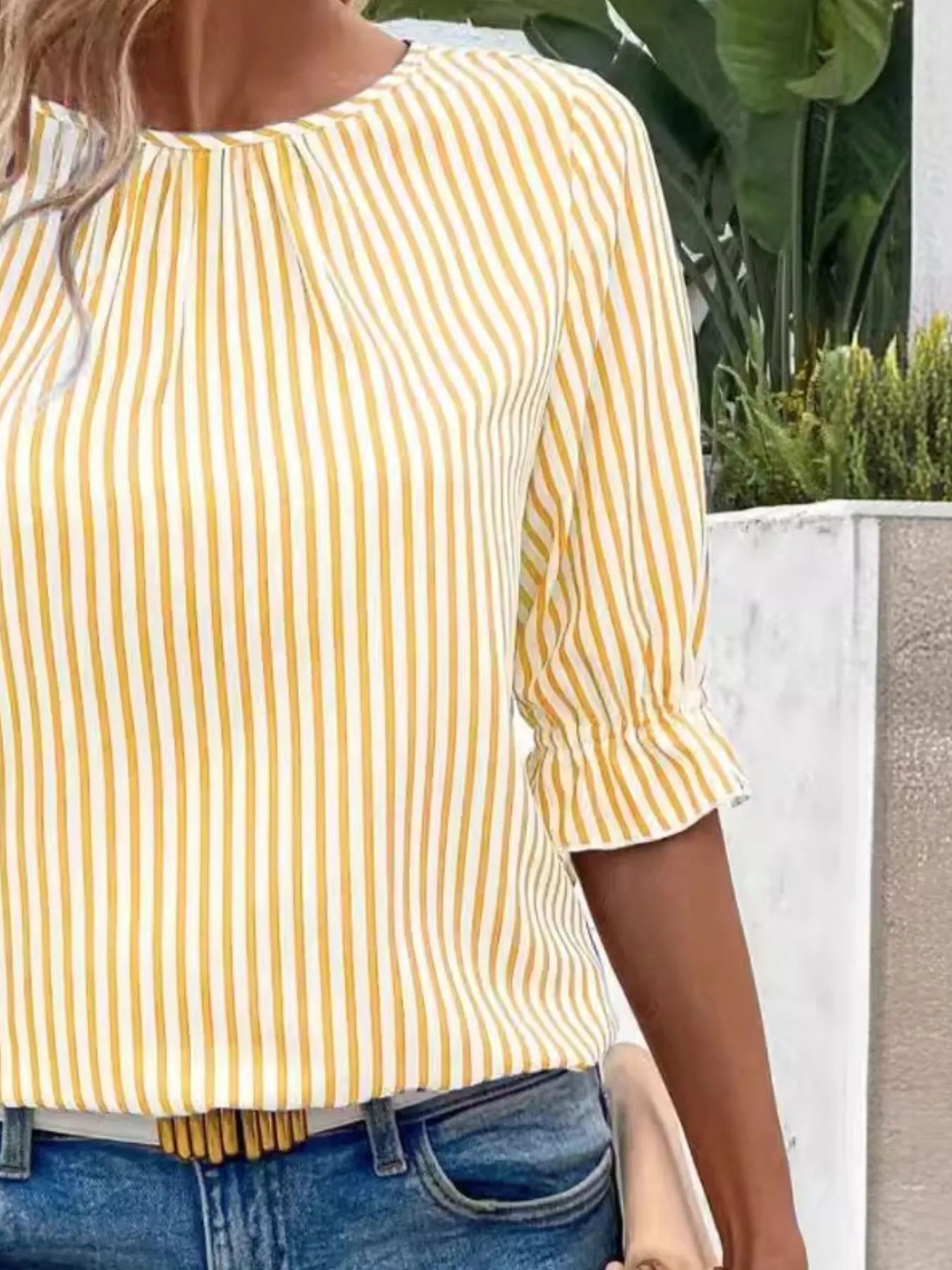 Striped Round Neck Half Sleeve Casual Blouse
