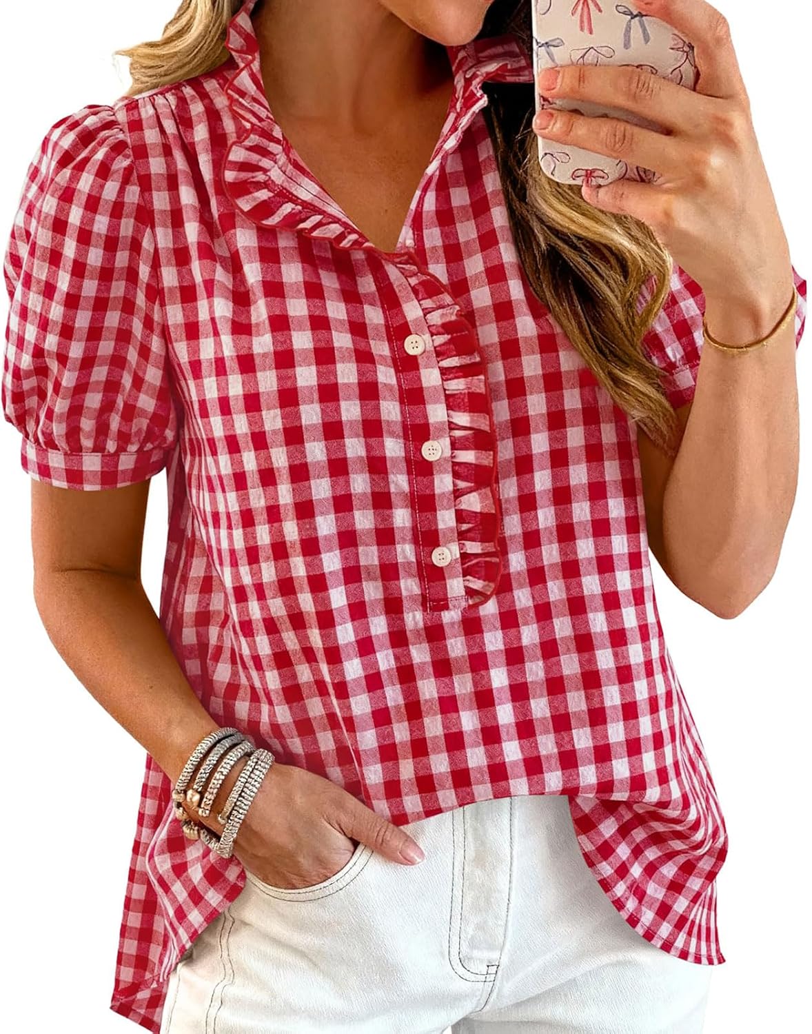 Women's Striped Ruffle Neck Blouse - Short Puff Sleeve Casual Button Front Shirt