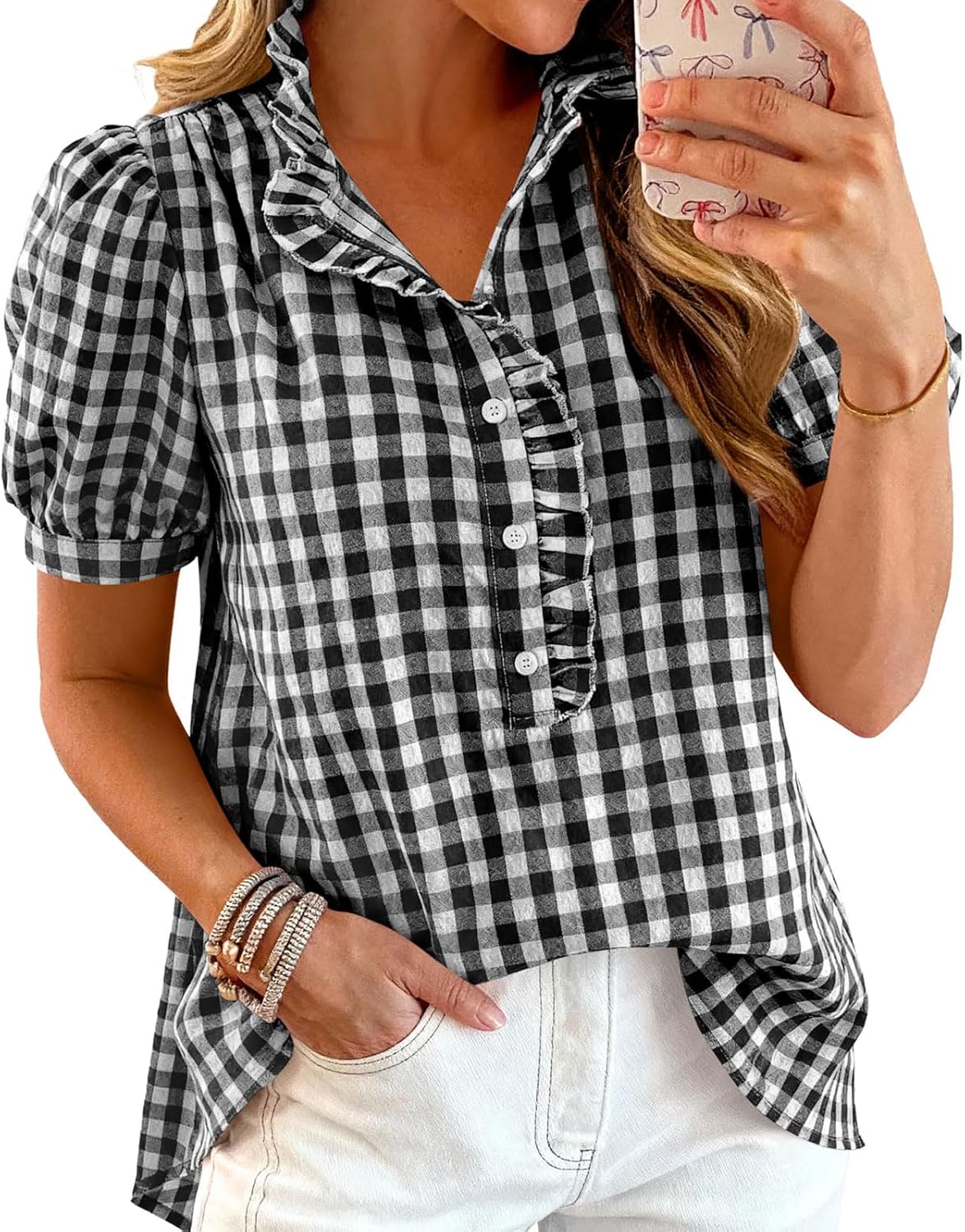 Women's Striped Ruffle Neck Blouse - Short Puff Sleeve Casual Button Front Shirt