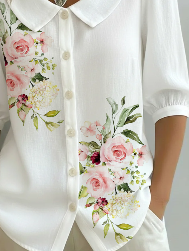 Women Floral Shawl Collar Half Sleeve Casual Daily Summer Shirt