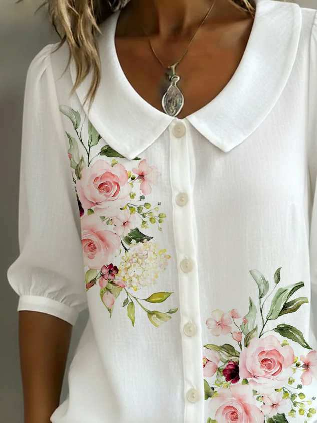 Women Floral Shawl Collar Half Sleeve Casual Daily Summer Shirt