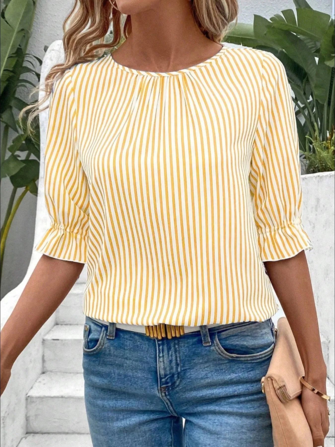 Striped Round Neck Half Sleeve Casual Blouse
