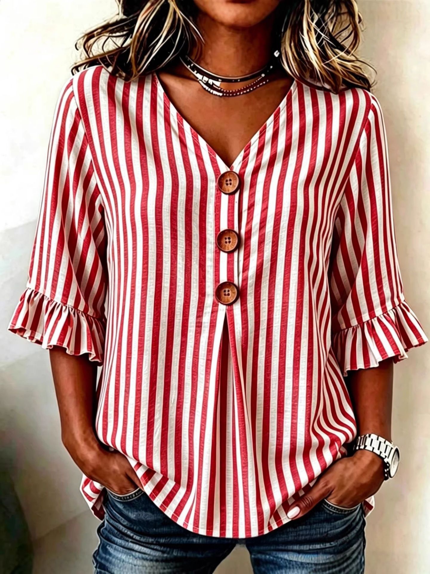 New Arrivals - Women's Retro Peter Pan Collar Cotton Linen Shirt | Striped Ruffle Sleeve Blouse