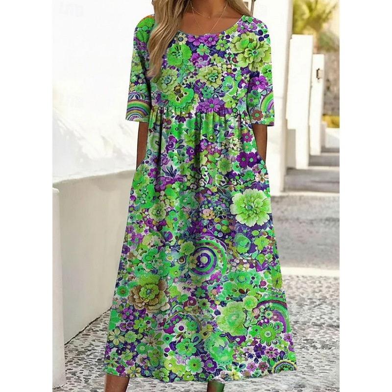 Rundhalsausschnitt, langes, stilvolles, bequemes und vielseitiges Kleid mit Taschen