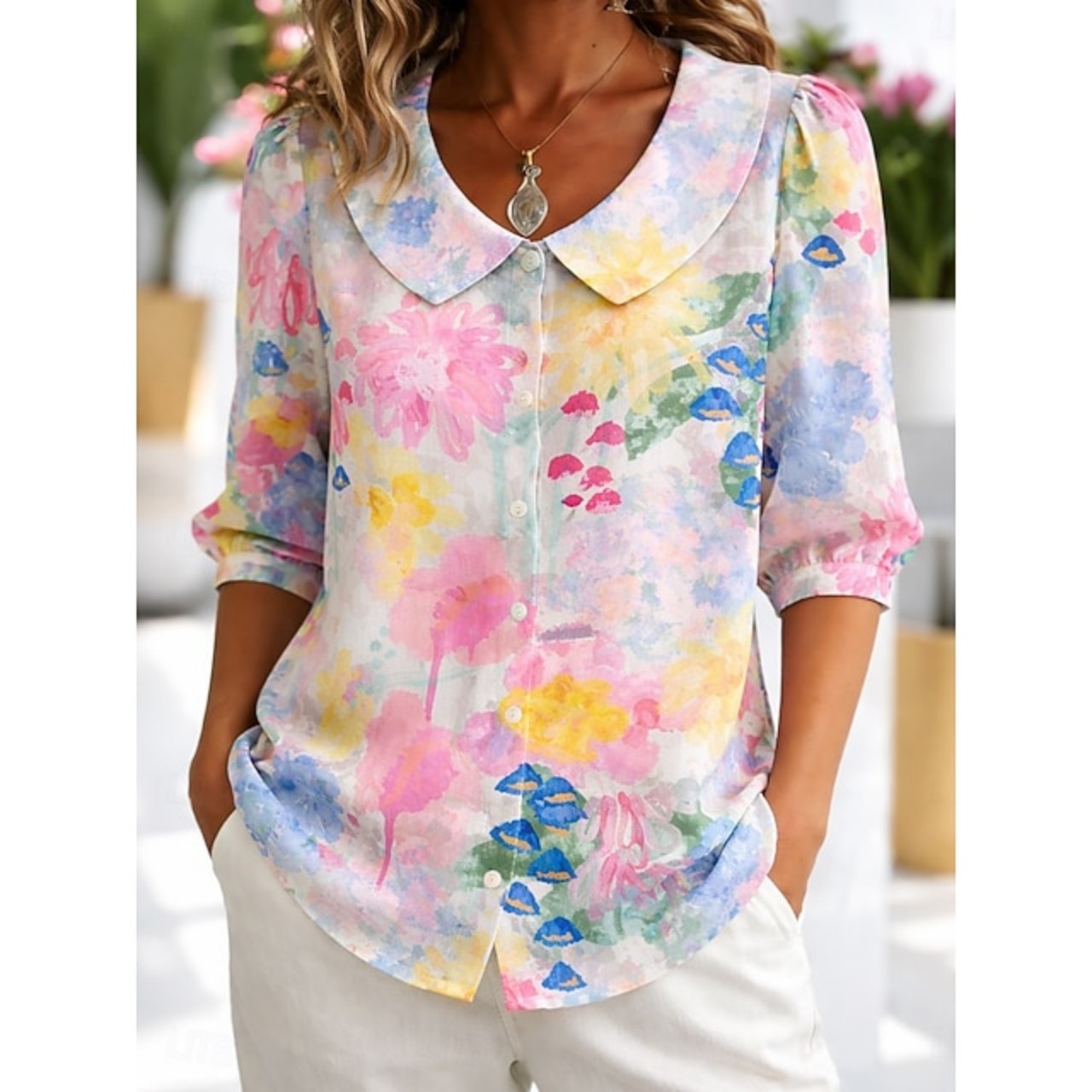 Women Floral Shawl Collar Half Sleeve Casual Daily Summer Shirt