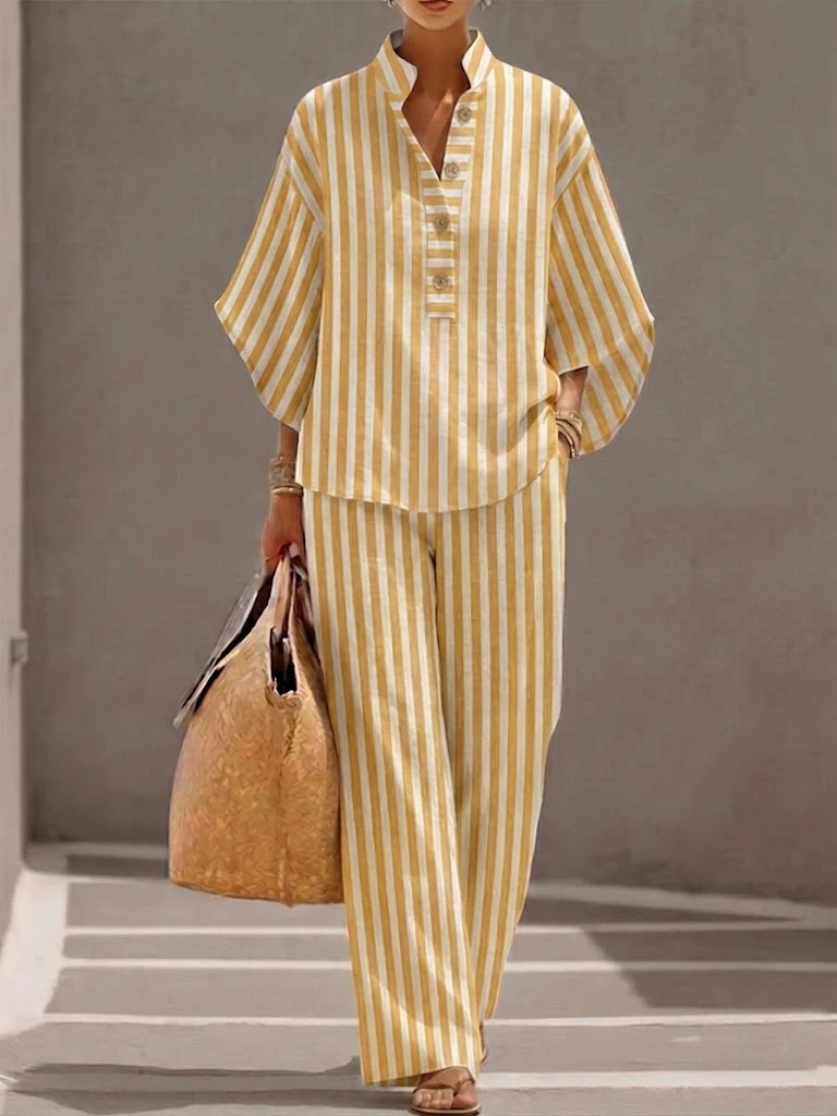 🔥Un ensemble deux pièces en coton et lin élégant et confortable, comprenant une chemise boutonnée et un pantalon à jambes larges.