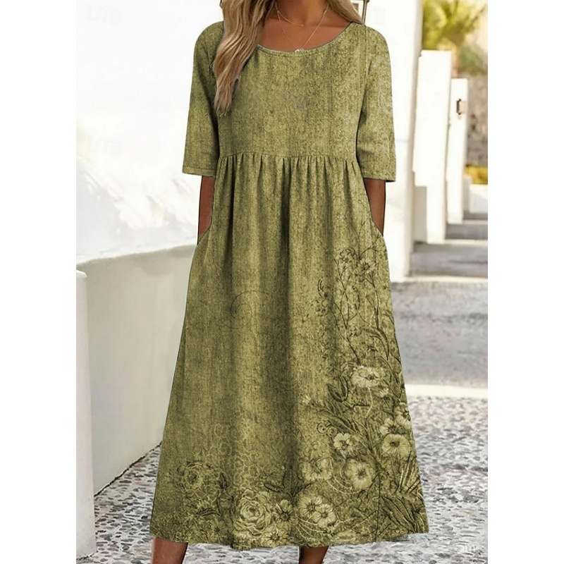 Rundhalsausschnitt, langes, stilvolles, bequemes und vielseitiges Kleid mit Taschen