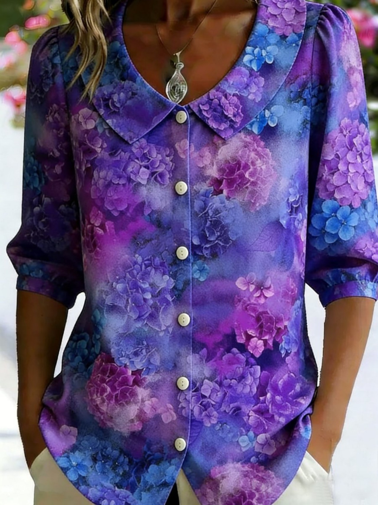 Women Floral Shawl Collar Half Sleeve Casual Daily Summer Shirt