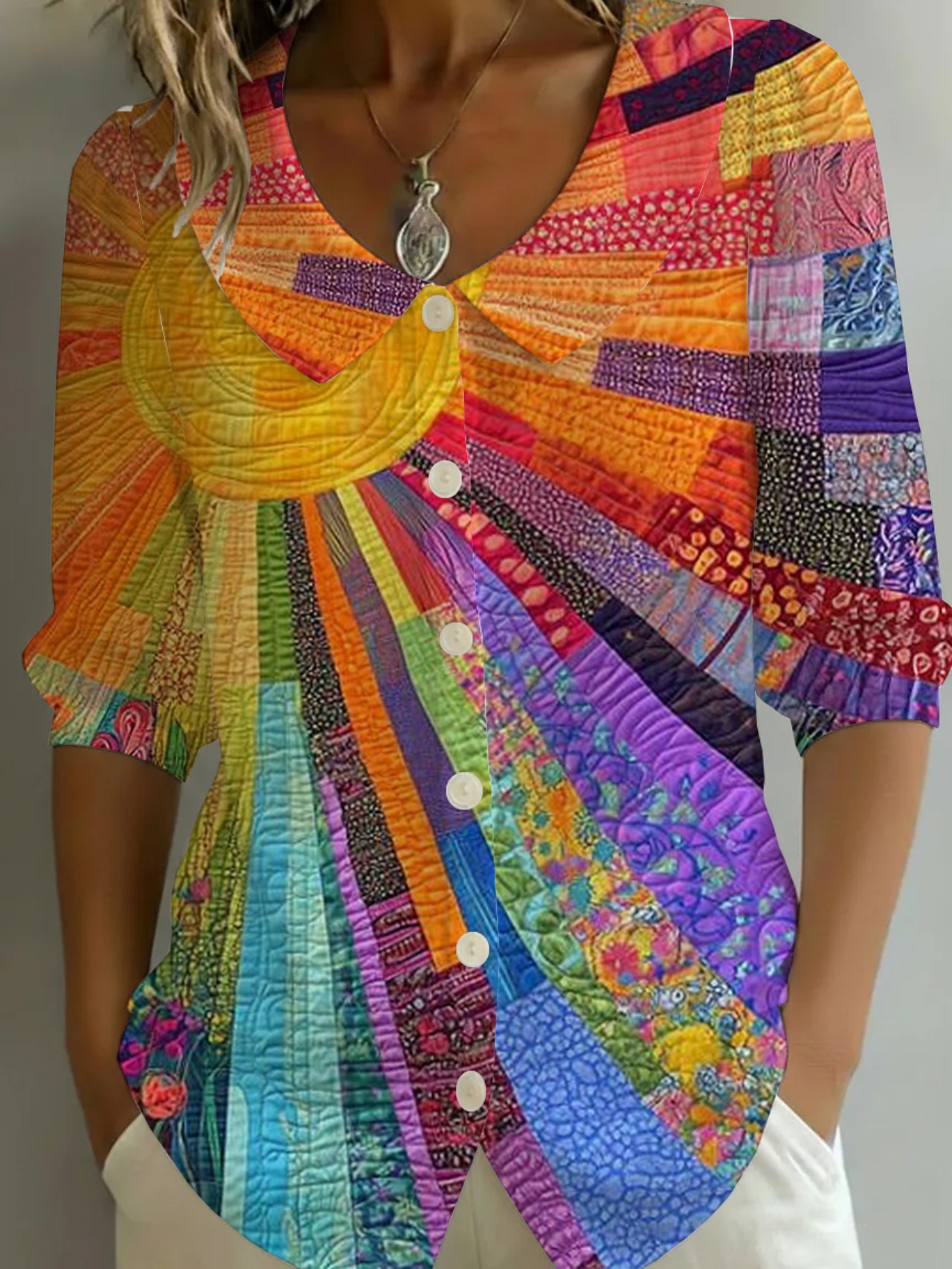 Women Floral Shawl Collar Half Sleeve Casual Daily Summer Shirt