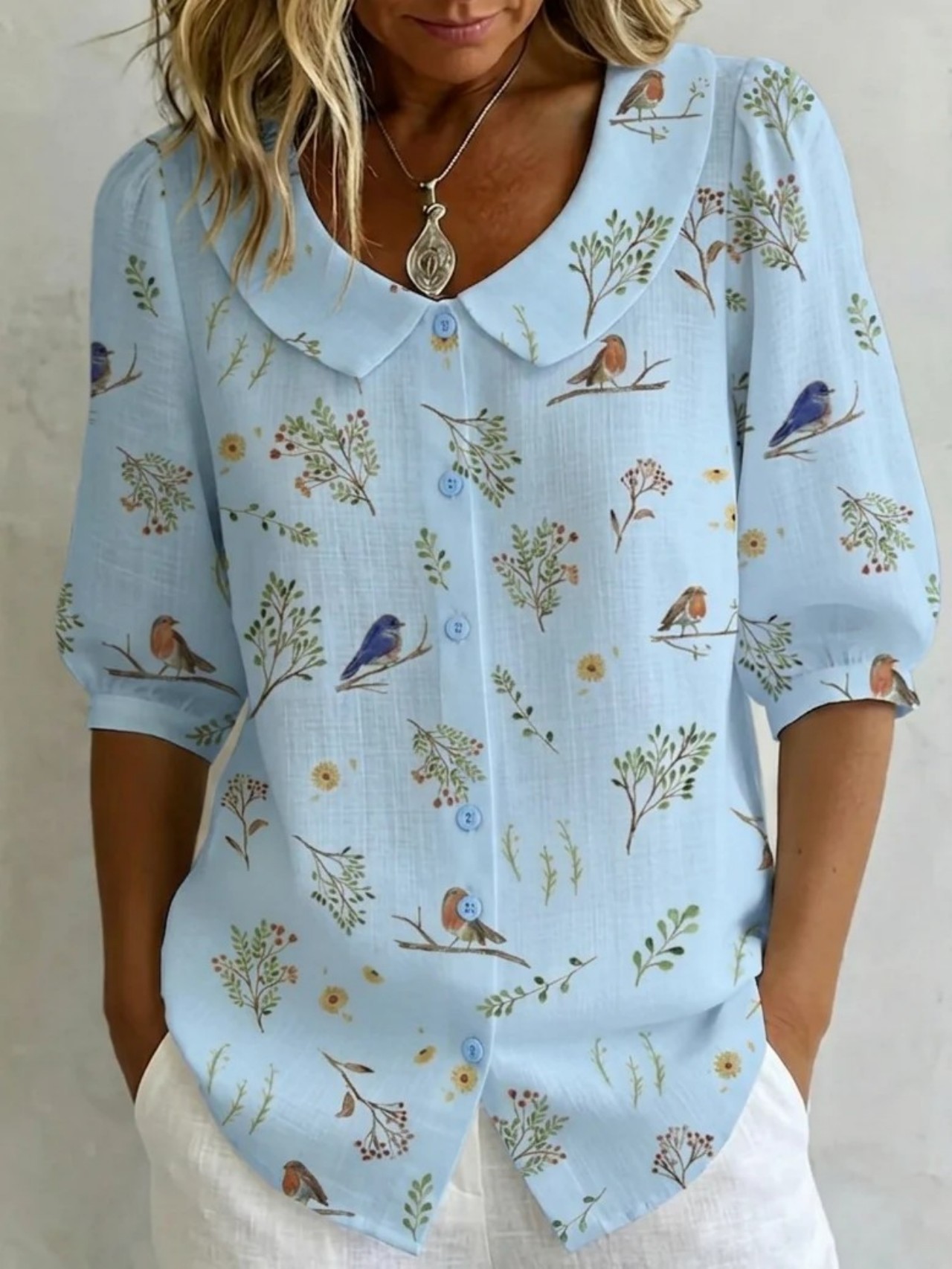 Women Floral Shawl Collar Half Sleeve Casual Daily Summer Shirt