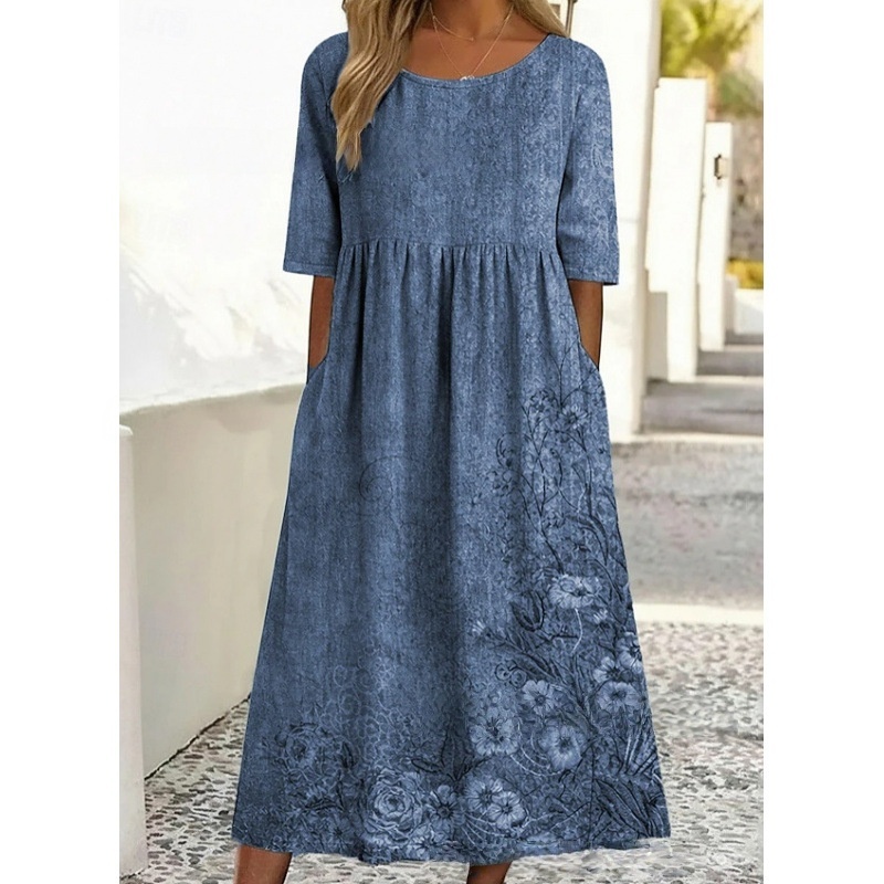 Rundhalsausschnitt, langes, stilvolles, bequemes und vielseitiges Kleid mit Taschen