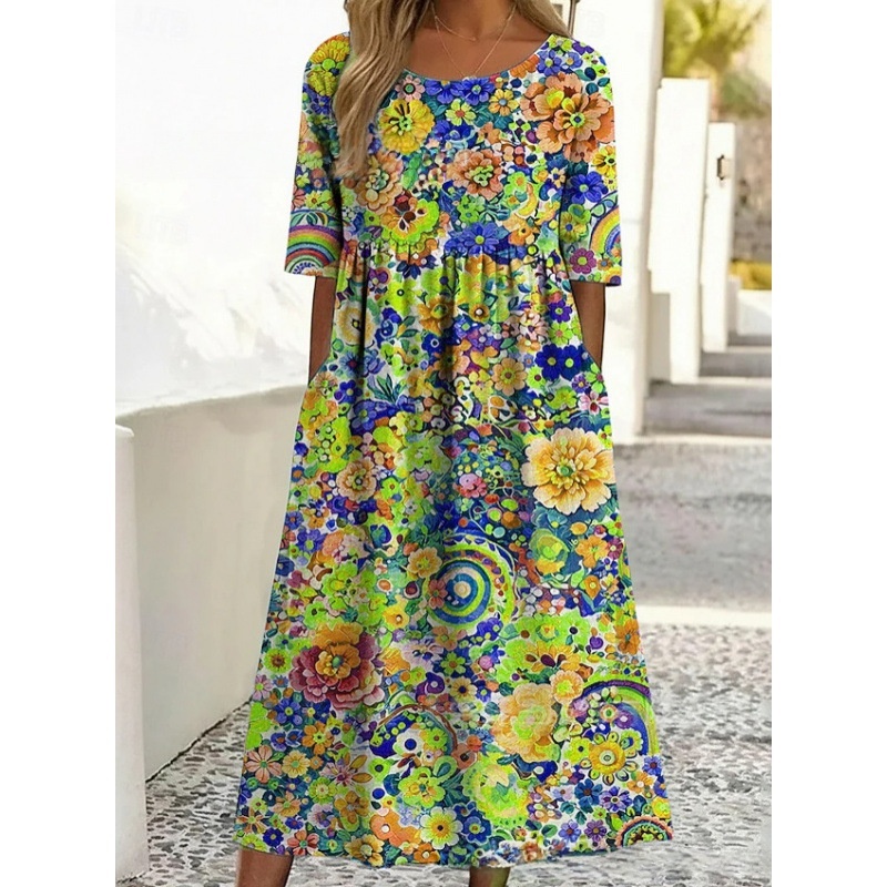 Rundhalsausschnitt, langes, stilvolles, bequemes und vielseitiges Kleid mit Taschen