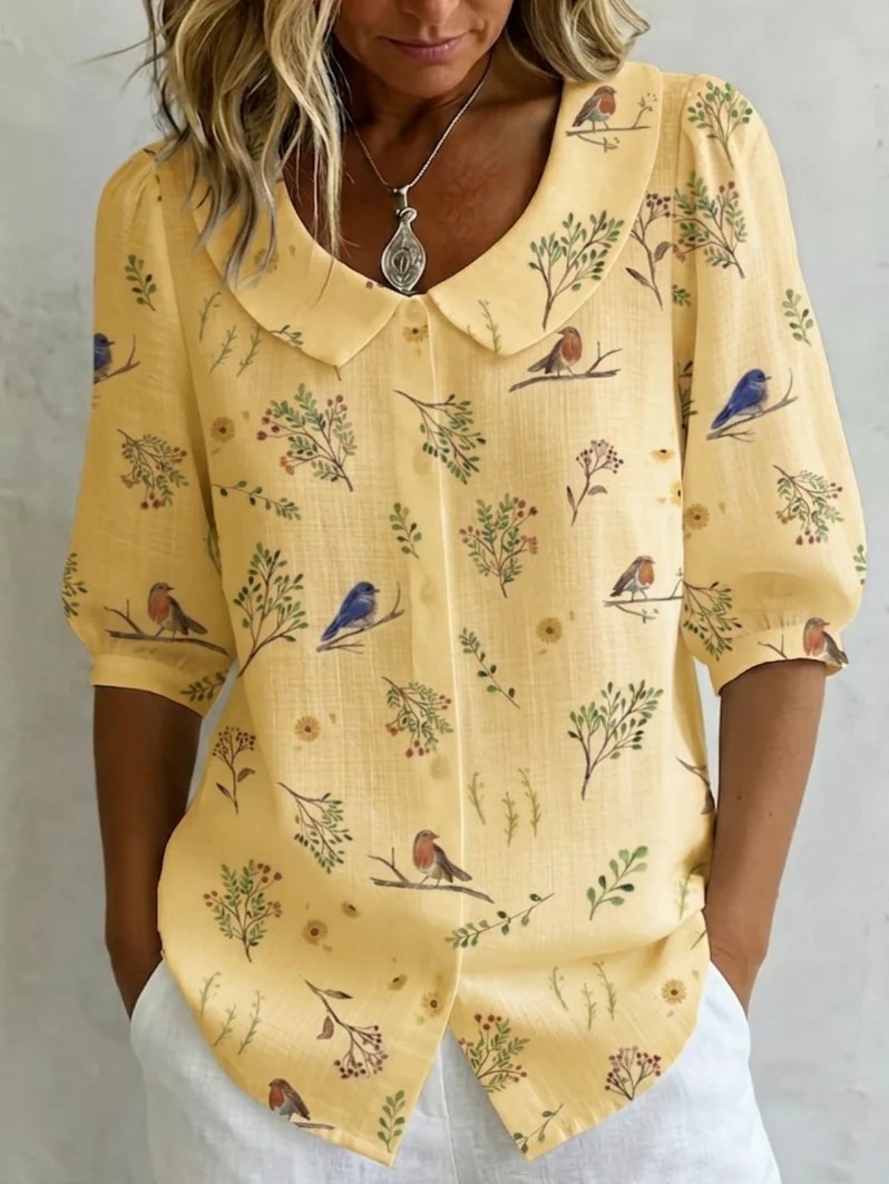 Women Floral Shawl Collar Half Sleeve Casual Daily Summer Shirt