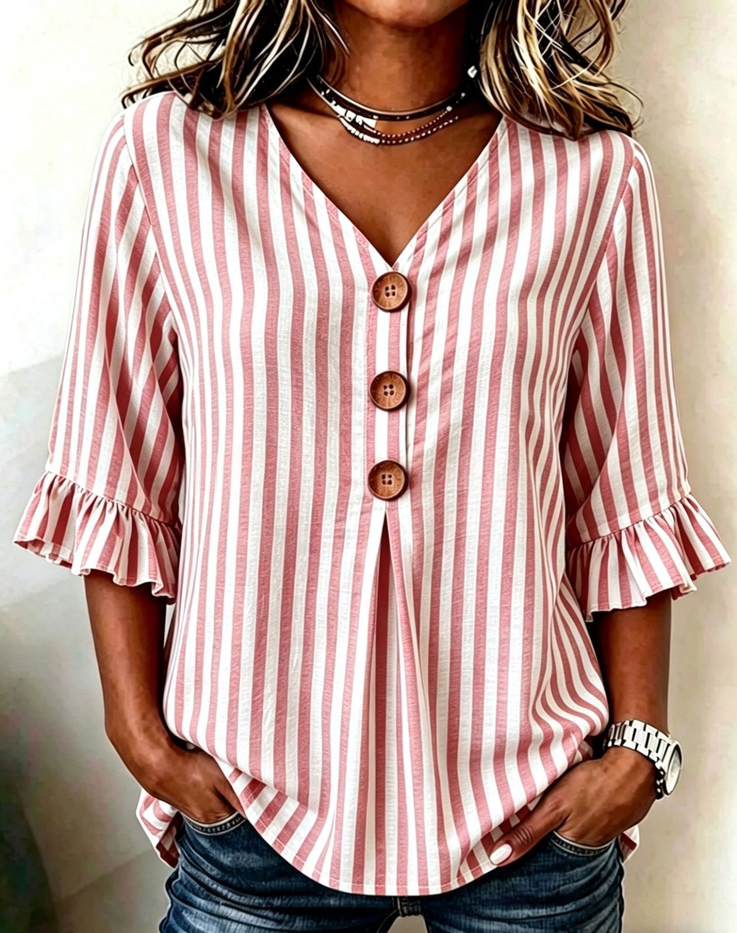 New Arrivals - Women's Retro Peter Pan Collar Cotton Linen Shirt | Striped Ruffle Sleeve Blouse