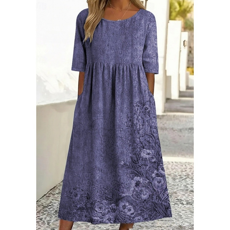 Rundhalsausschnitt, langes, stilvolles, bequemes und vielseitiges Kleid mit Taschen