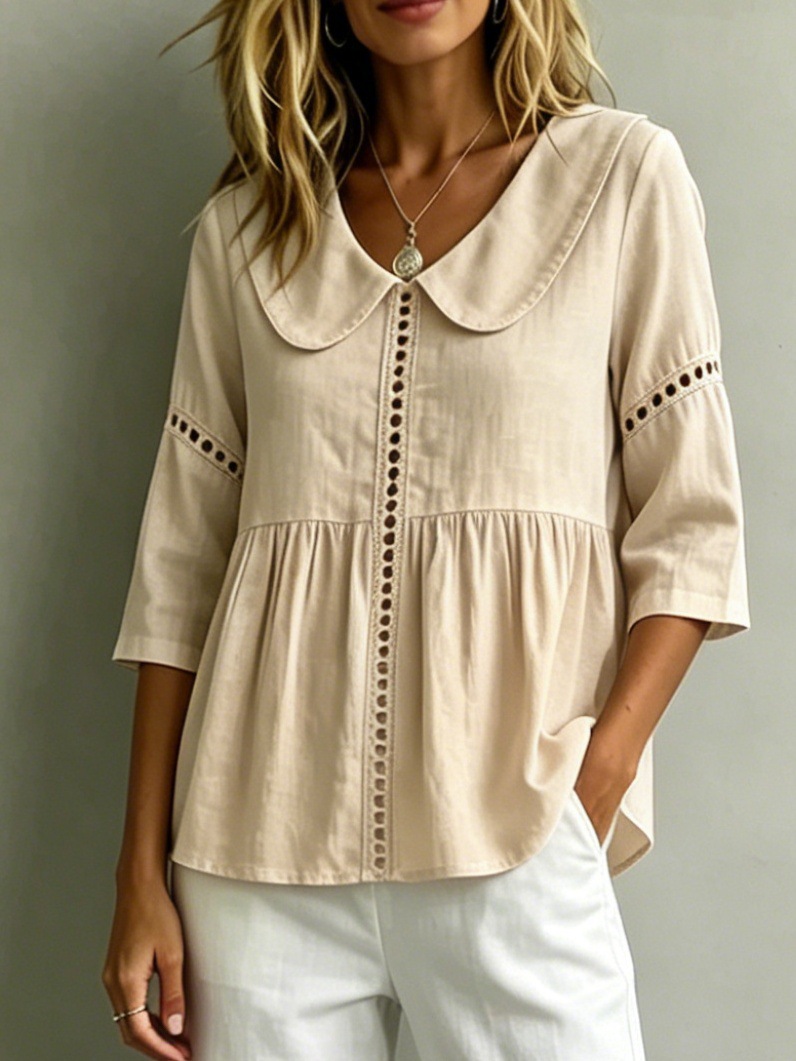Peter Pan collar vintage hollow lace cotton and linen shirt