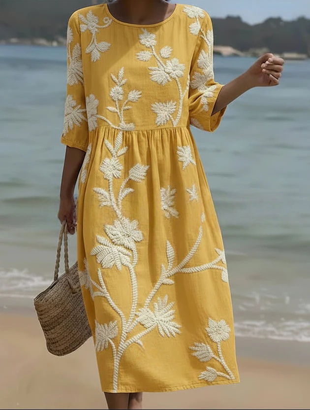 Bedrucktes, lässiges und vielseitiges langes Kleid für Damen mit Rundhalsausschnitt