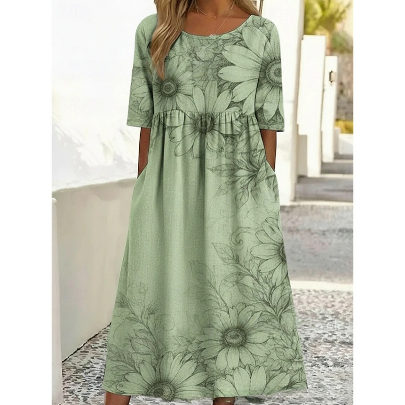 Rundhalsausschnitt, langes, stilvolles, bequemes und vielseitiges Kleid mit Taschen