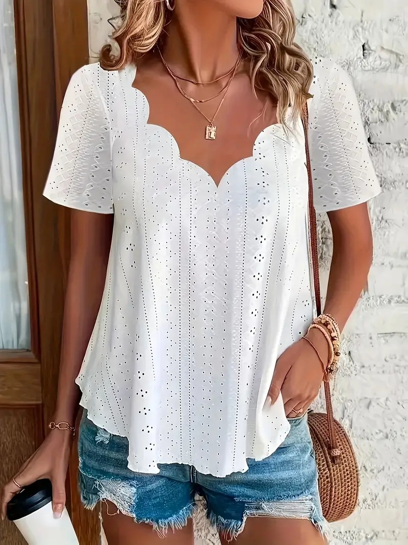 Bequemes und atmungsaktives Jacquard-T-Shirt mit kurzen Ärmeln und V-Ausschnitt für Damen