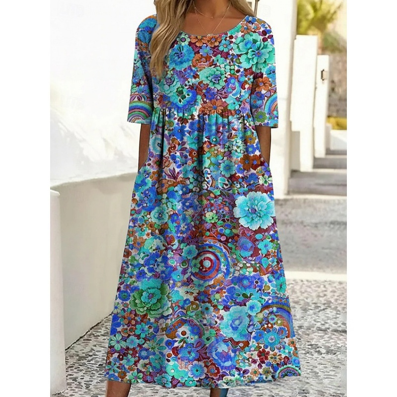 Rundhalsausschnitt, langes, stilvolles, bequemes und vielseitiges Kleid mit Taschen