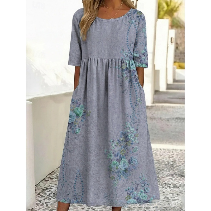 Rundhalsausschnitt, langes, stilvolles, bequemes und vielseitiges Kleid mit Taschen