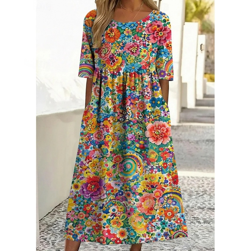 Rundhalsausschnitt, langes, stilvolles, bequemes und vielseitiges Kleid mit Taschen