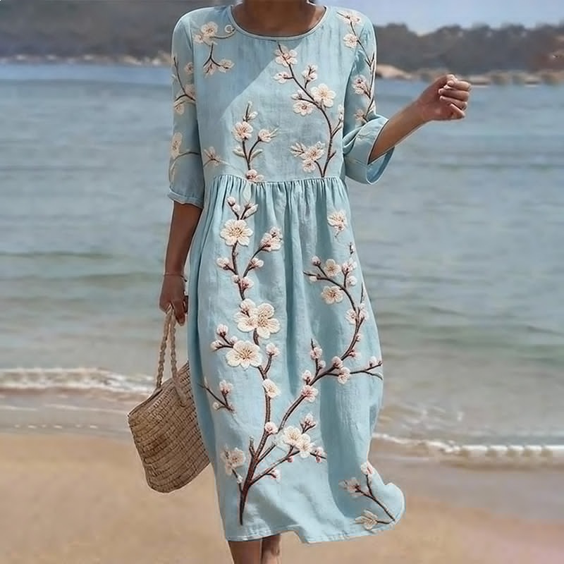 Bedrucktes, lässiges und vielseitiges langes Kleid für Damen mit Rundhalsausschnitt