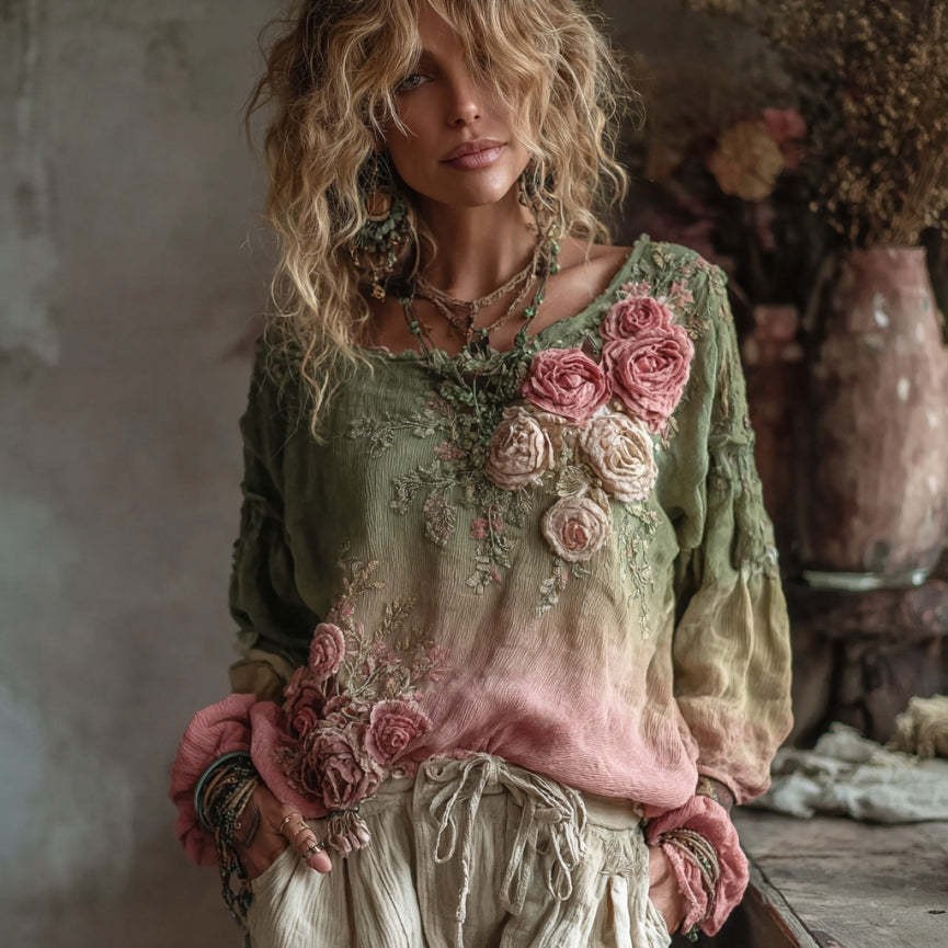 Haut fleuri tendance à col rond pour femme, style bohème