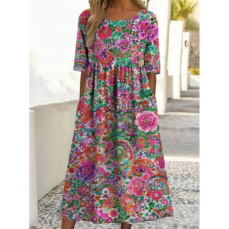 Rundhalsausschnitt, langes, stilvolles, bequemes und vielseitiges Kleid mit Taschen