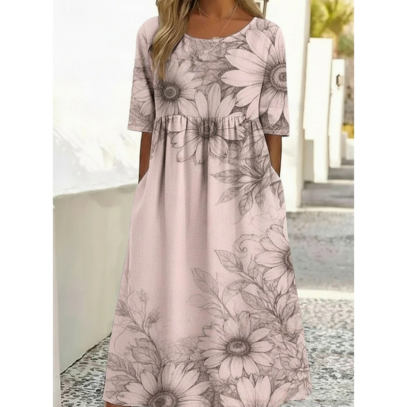 Rundhalsausschnitt, langes, stilvolles, bequemes und vielseitiges Kleid mit Taschen