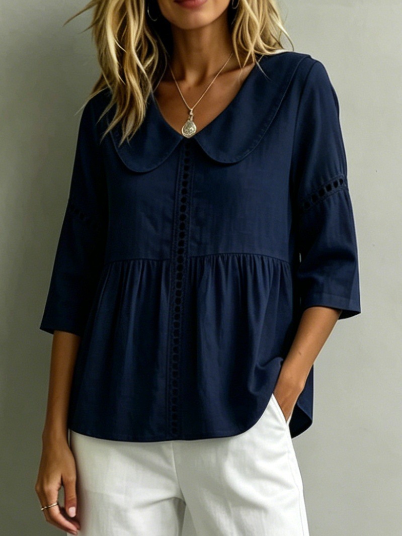 Peter Pan collar vintage hollow lace cotton and linen shirt