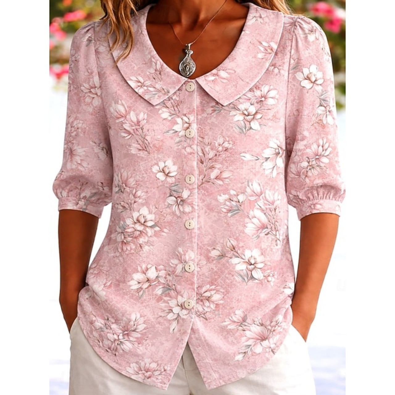 Women Floral Shawl Collar Half Sleeve Casual Daily Summer Shirt