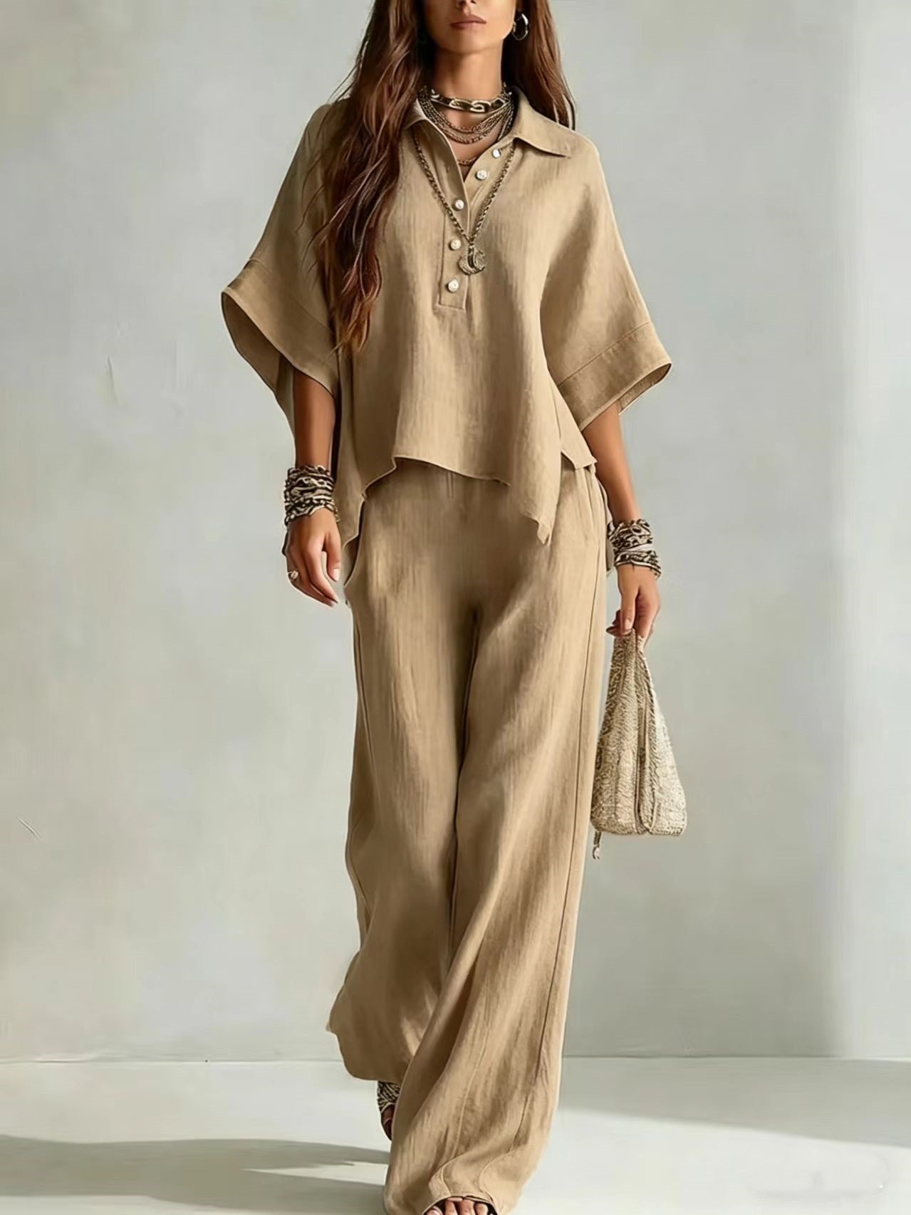 Zweiteiliges Set aus Kurzarmhemd und locker sitzender Hose für Damen