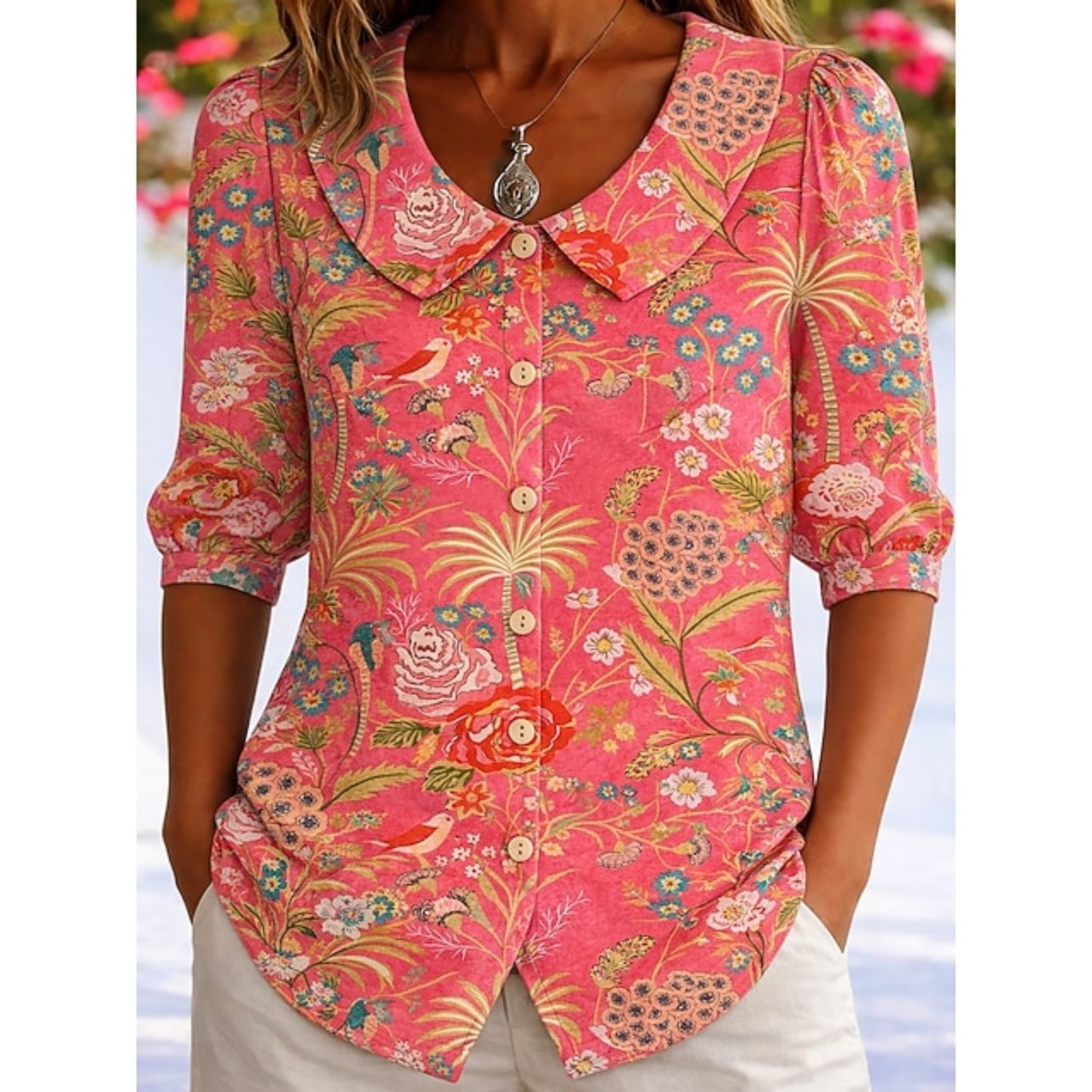 Women Floral Shawl Collar Half Sleeve Casual Daily Summer Shirt
